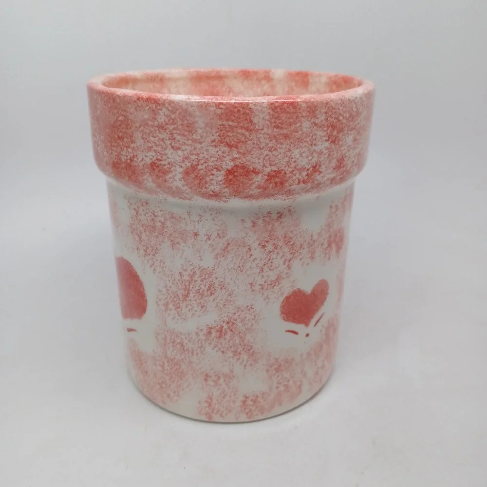 Pink Spongeware Heart Ceramic Planter Utensil Holder White Handmade 5.25in